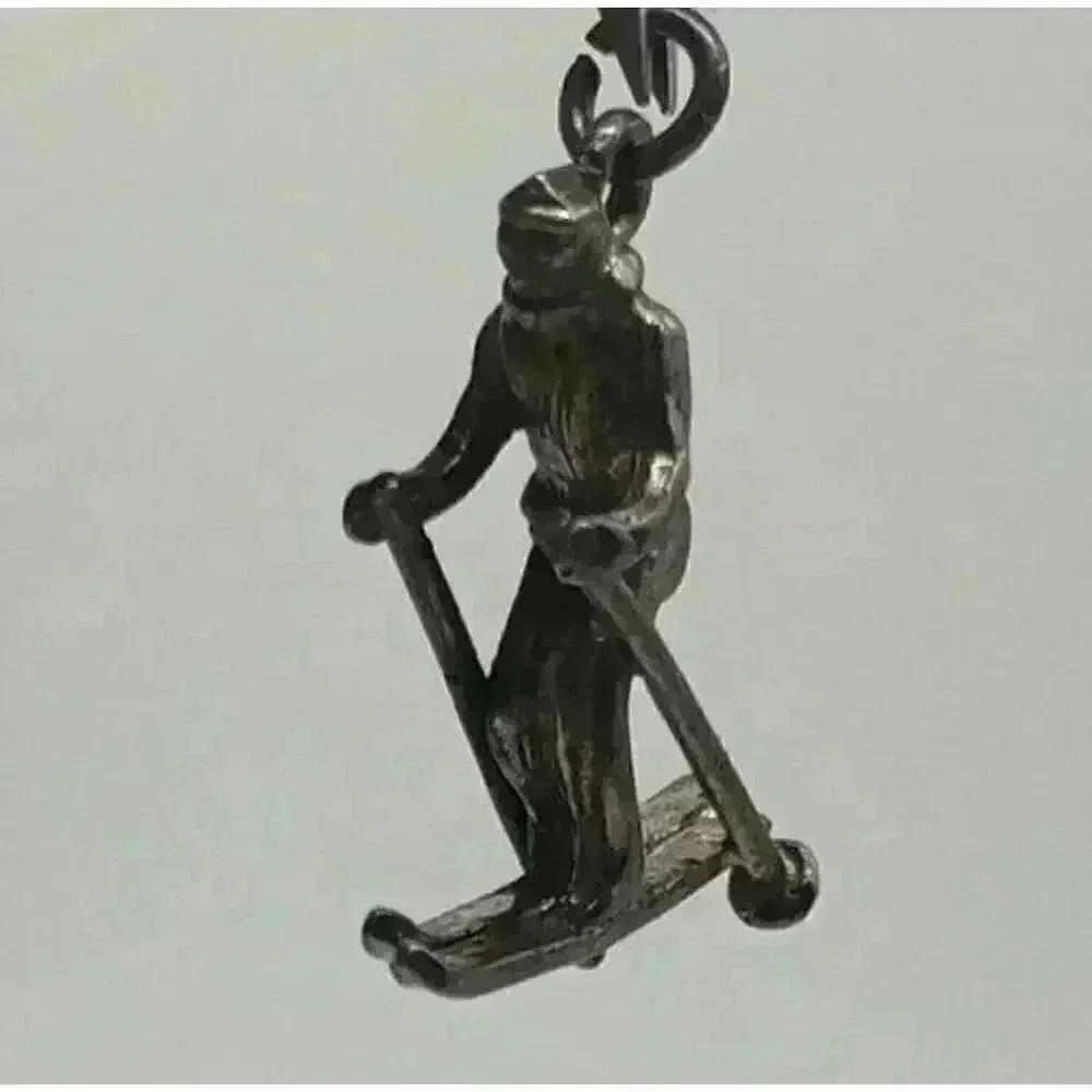 Vintage Ski Sterling Silver 925 Charm Skier Pendant Large 3D Figural Detailed